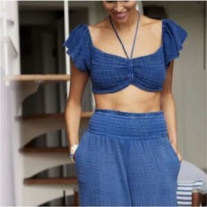 Anthropologie Gauzy Cotton Jerry Cinched Crop Bra Top Halter Gauze Large Blue